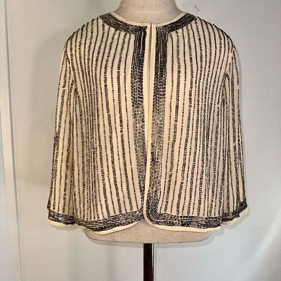 Forever 21 Womens Sequin Bead Embellished Cropped Blazer Cream Silver Glam NWT - Picture 11 of 11